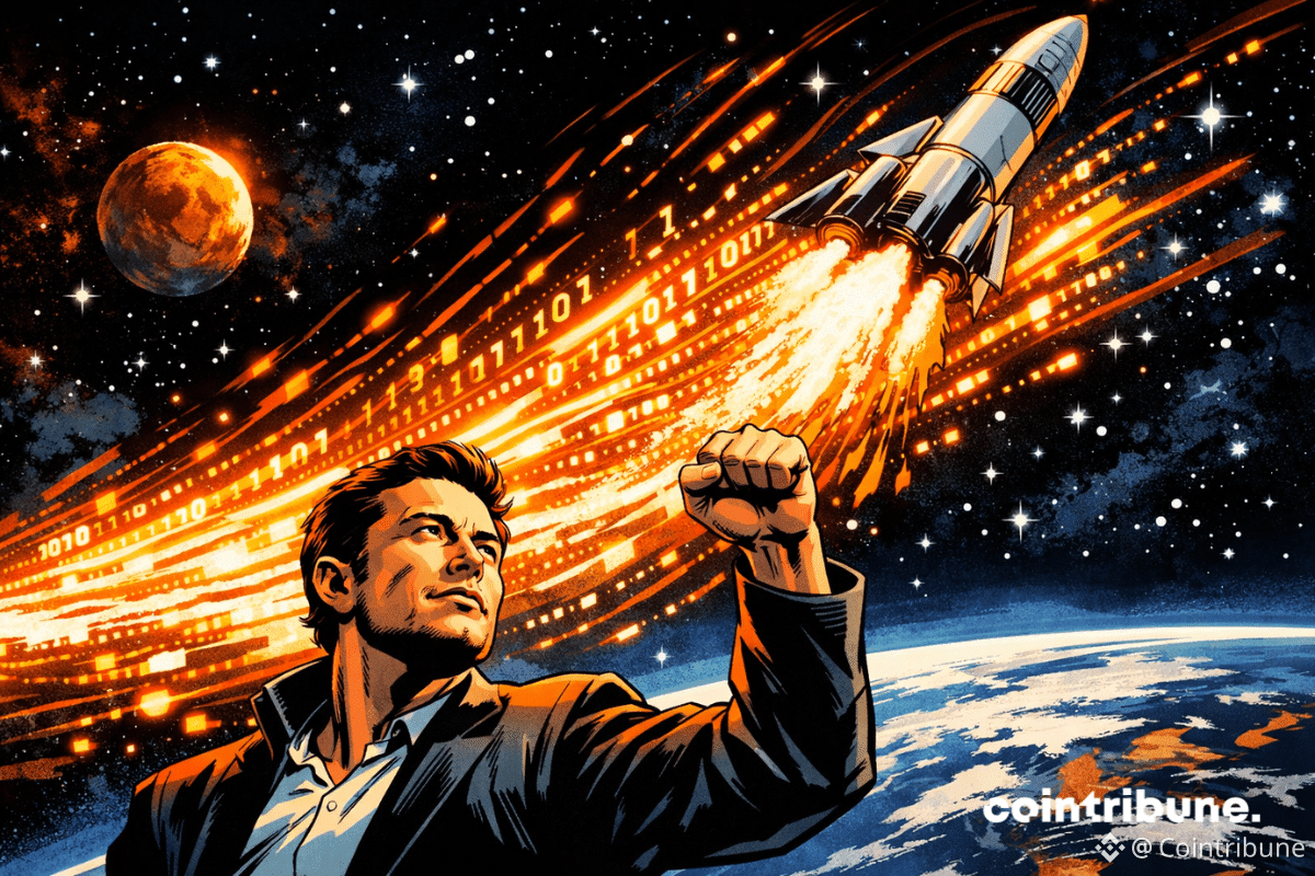 Elon Musk lève le poing tandis qu'une fusée SpaceX décolle dans l'espace, sa flamme de propulsion se transformant en flux lumineux de données orange et blanches au-dessus de la Terre.