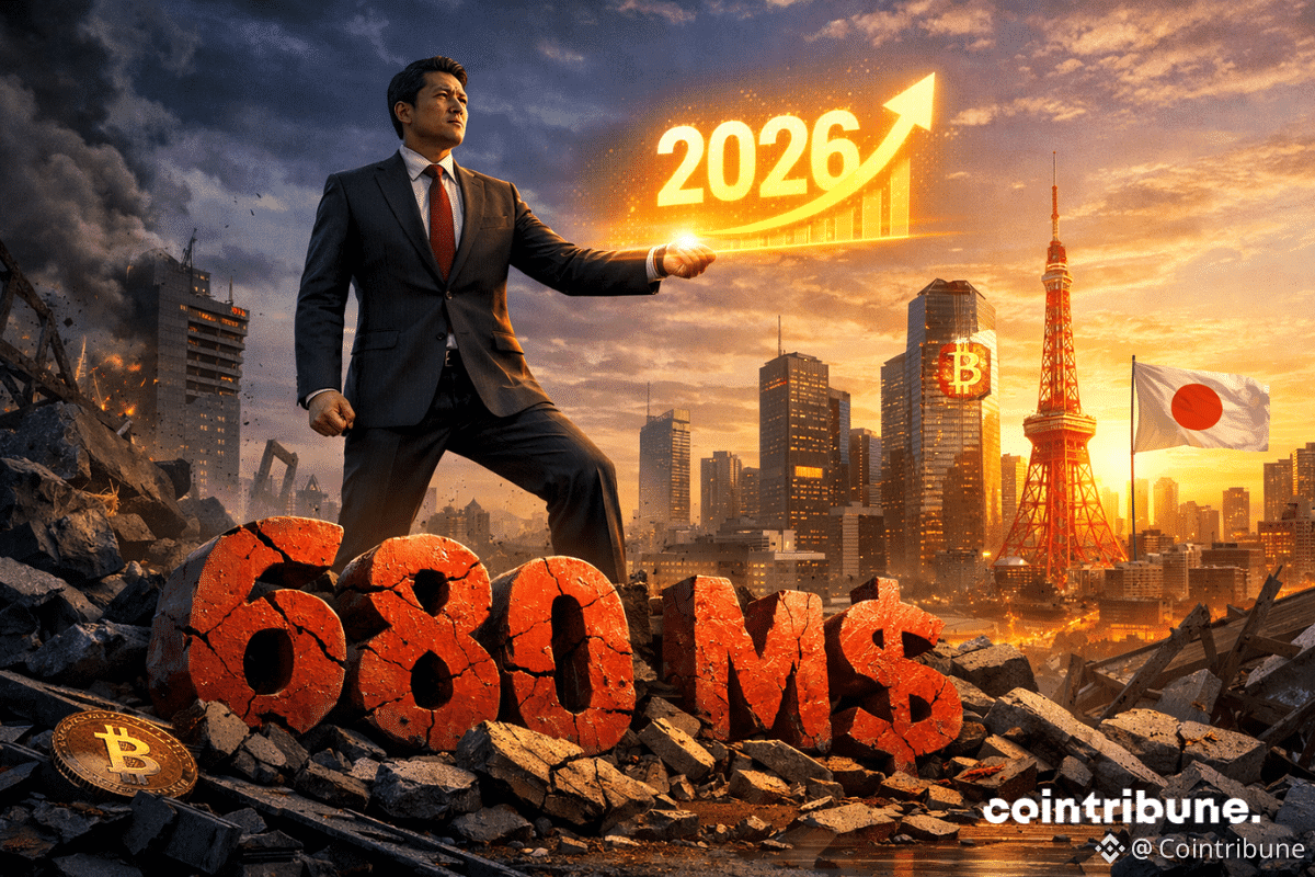 Homme d'affaires japonais déterminé devant Tokyo en ruines, chiffre 680 M$ brisé, prévisions 2026 en hausse.