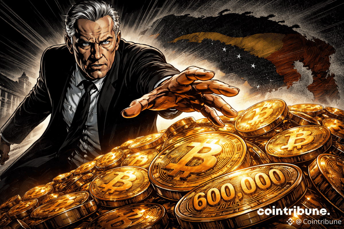 Un homme en costume saisit un tas de bitcoins lumineux, avec “600 000”