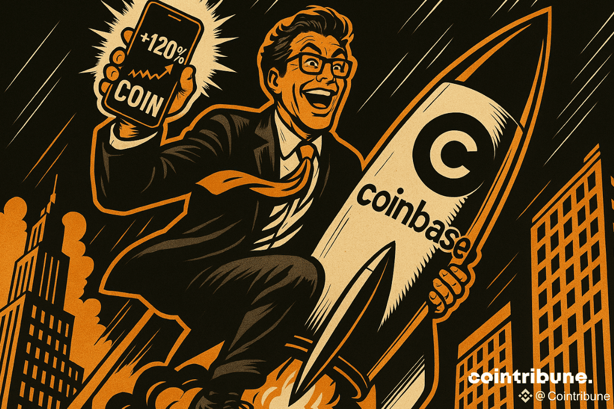 Un trader euphorique s’envole sur une fusée Coinbase, smartphone en main affichant +120 %. Explosion orange, style comics 70s. Une scène percutante incarnant la folie haussière crypto.