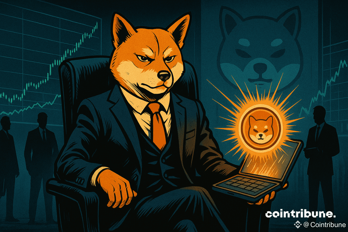 Un Shiba Inu anthropomorphe, incarnation symbolique du token SHIB, assis avec autorité sur un grand fauteuil type PDG, jambe croisée, une main posée calmement sur un accoudoir, l’autre tenant un portefeuille crypto stylisé ouvert, brillant.