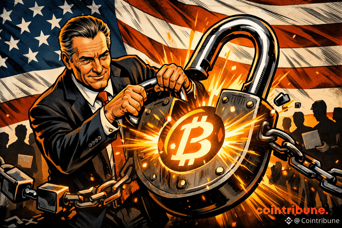 Illustration 1970 montre régulateur américain ouvrant cadenas Bitcoin géant, libérant énergie orange, startups en arrière-plan, symbolisant innovation crypto et liberté.