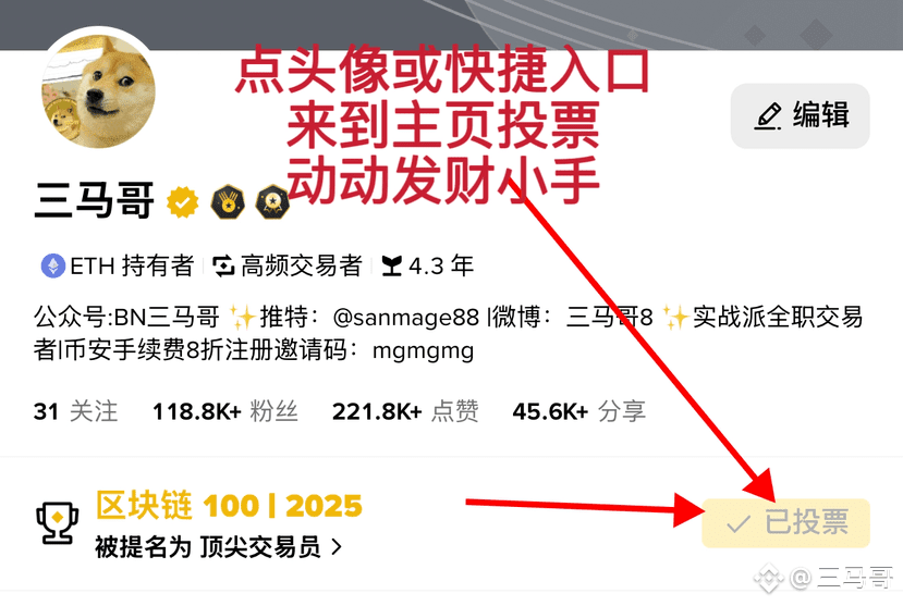 宝子们上刺刀!三马哥又被提名为顶尖交易员称号!三马哥宝刀未老,老当益壮!我想试试!👉投票入口 动动你们发财的小手在 | 三马哥发布于币安广场