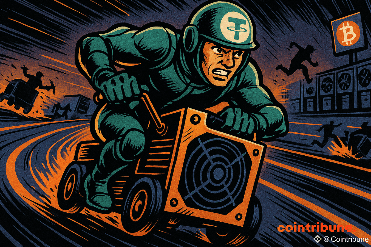 Tether racing on a mining cart in a Bitcoin-themed track.