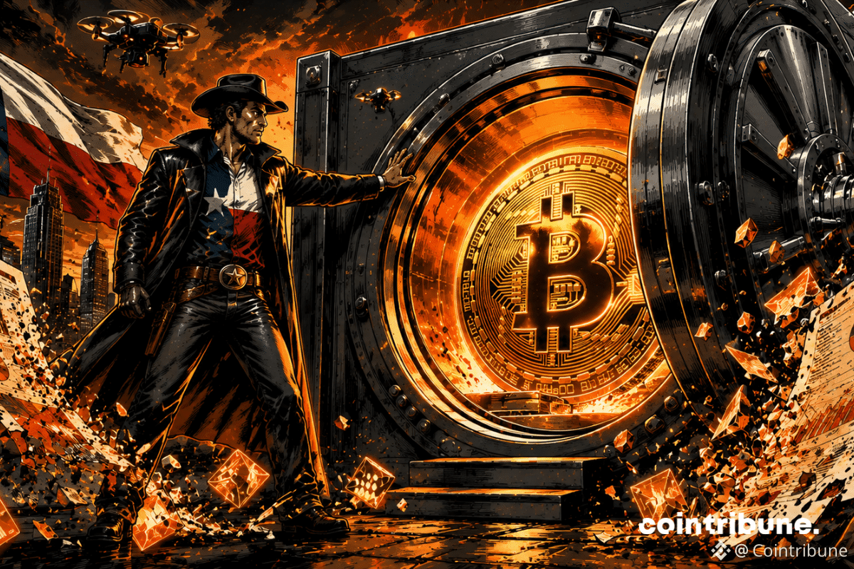 cowboy texan protège réserve Bitcoin coffre-fort géant drones financiers tempête cyberpunk souveraineté crypto documents ETF explosifs orange intense