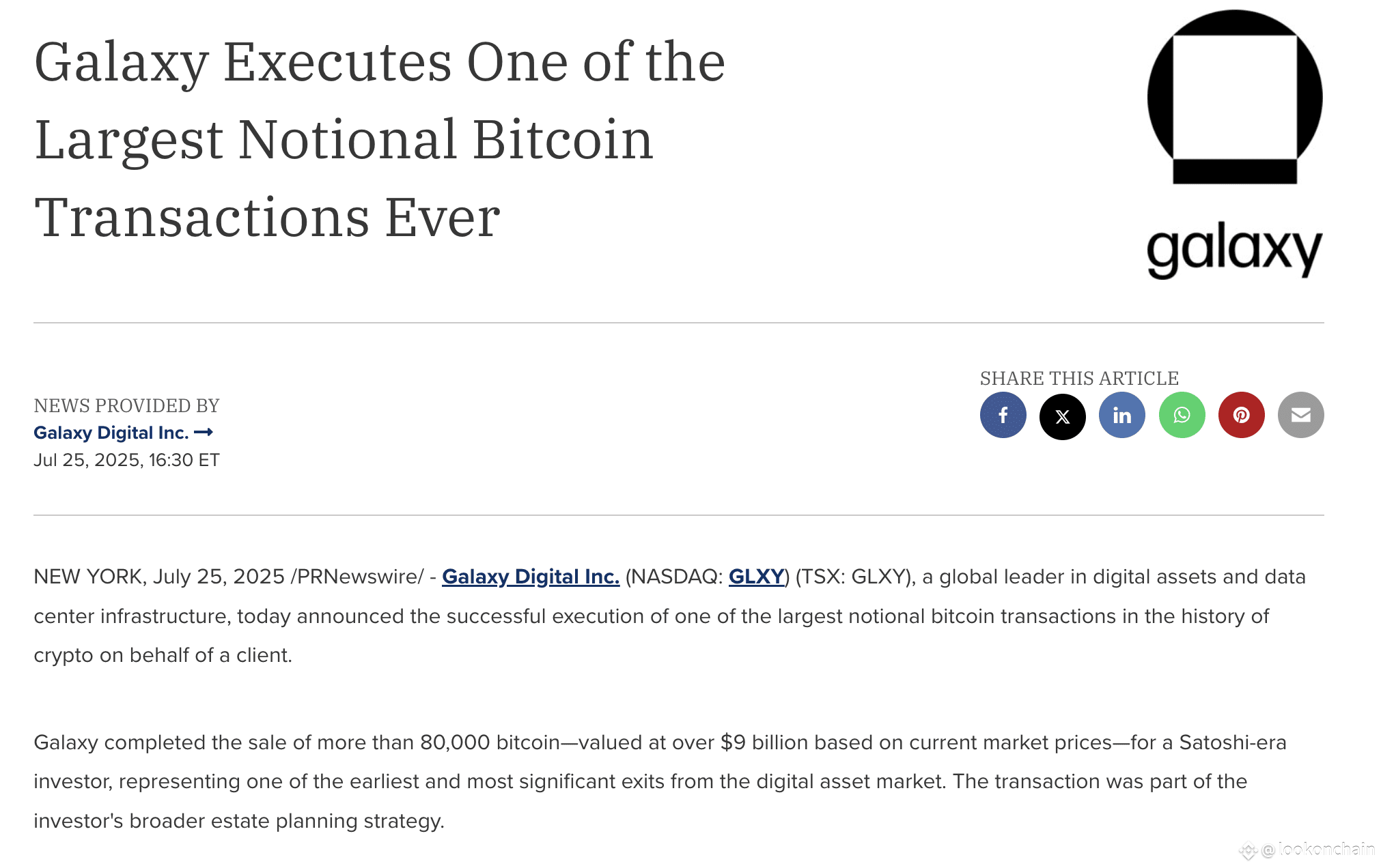 The massive $BTC sell-off is over! Galaxy announced that | lookonchain on  Binance Square