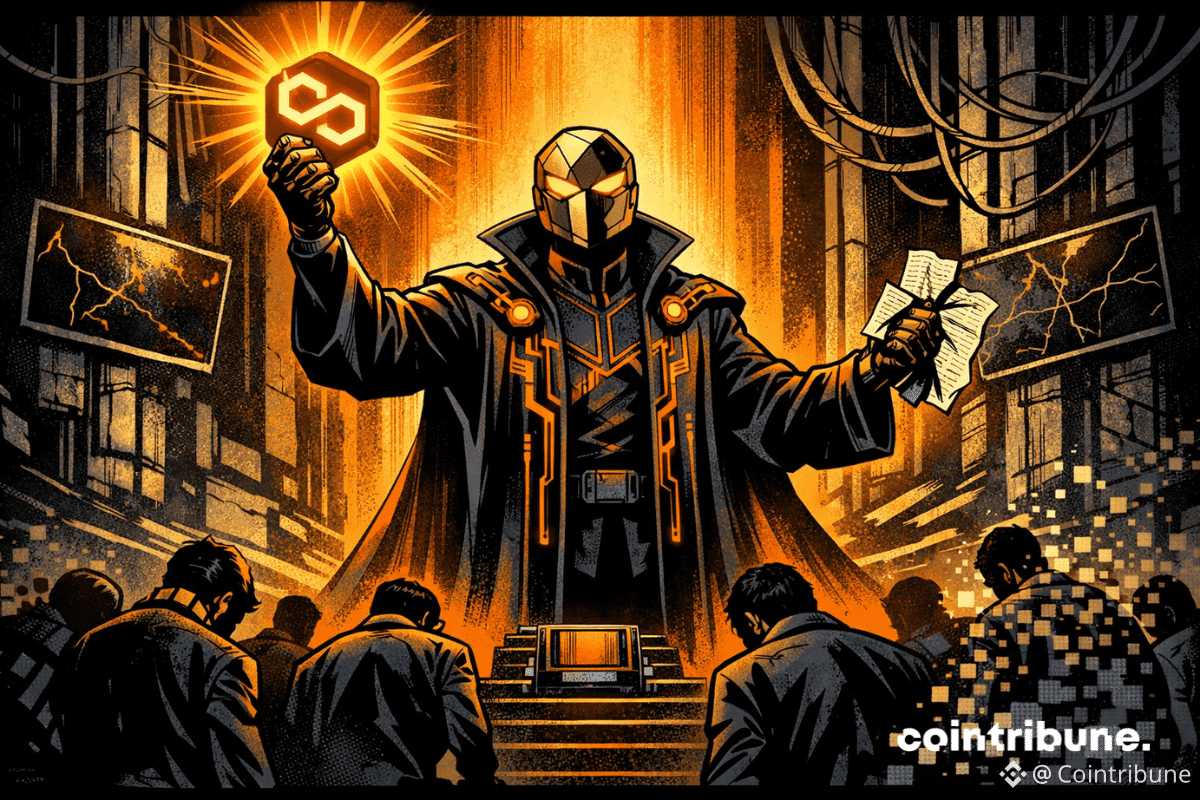 Figure crypto masquée sacrée, licencie froidement dans un temple high-tech