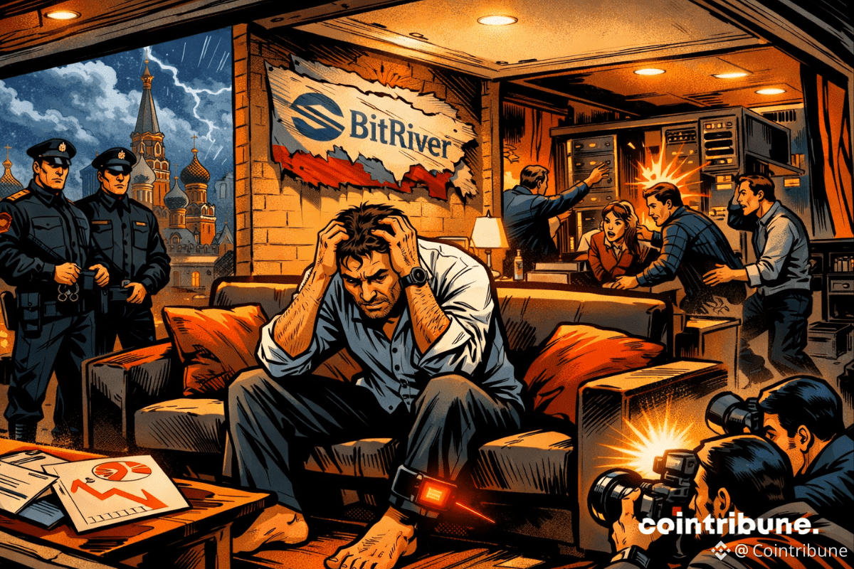 Scène de style bande dessinée montrant le fondateur de BitRiver assigné à résidence, entouré de chaos, de policiers, d'employés et de médias.