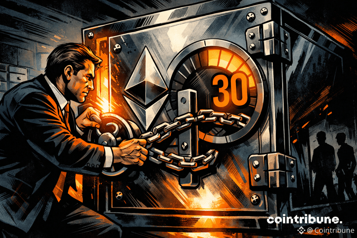 Gardien verrouille un coffre Ethereum incandescent, symbole du staking crypto massif, tandis que le chiffre 30 rayonne dans une atmosphère tendue.