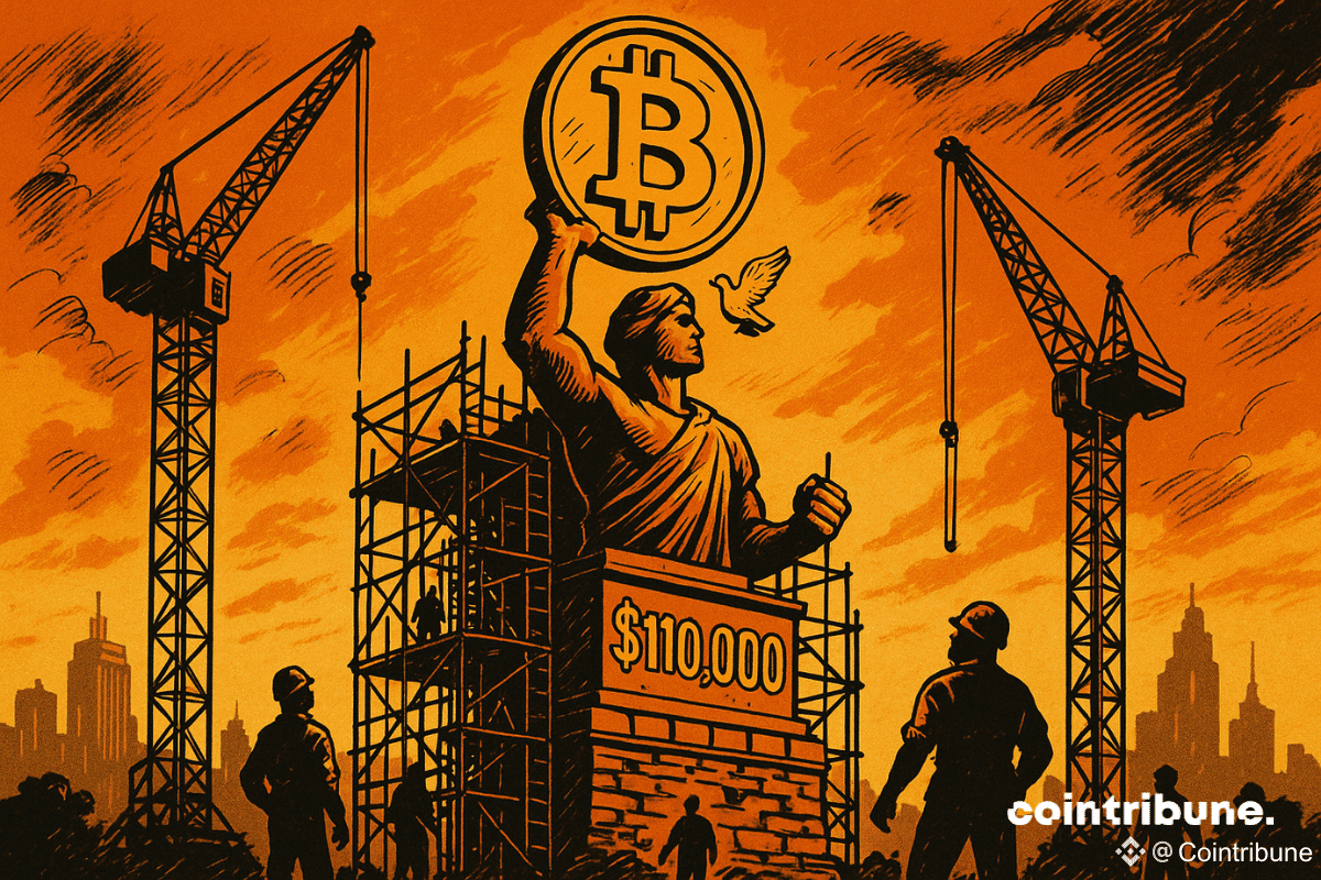 L’image représente une immense statue en construction incarnant le Bitcoin, tenant un symbole ₿ levé vers le ciel. Entourée de grues, d’échafaudages et de silhouettes d’ouvriers, la scène baigne dans des teintes orangées intenses, évoquant un coucher de soleil dramatique. Le socle de la statue arbore en grand le chiffre 110 000 $, symbole d’une percée historique imminente. Une colombe en vol ajoute une touche de paix et d’espoir, tandis que le style bande dessinée des années 70 accentue la dimension épique et monumentale de l’instant.