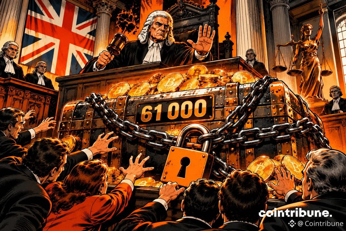 Dans un tribunal britannique monumental, un juge en perruque blanche et robe noire lève la main pour bloquer la restitution d'un immense coffre rempli de Bitcoin, retenu par de grosses chaînes et un cadenas orange, avec le chiffre 61000 sur le coffre. Plusieurs personnes tendent les mains vers les fonds. Drapeau britannique, lumière dramatique.