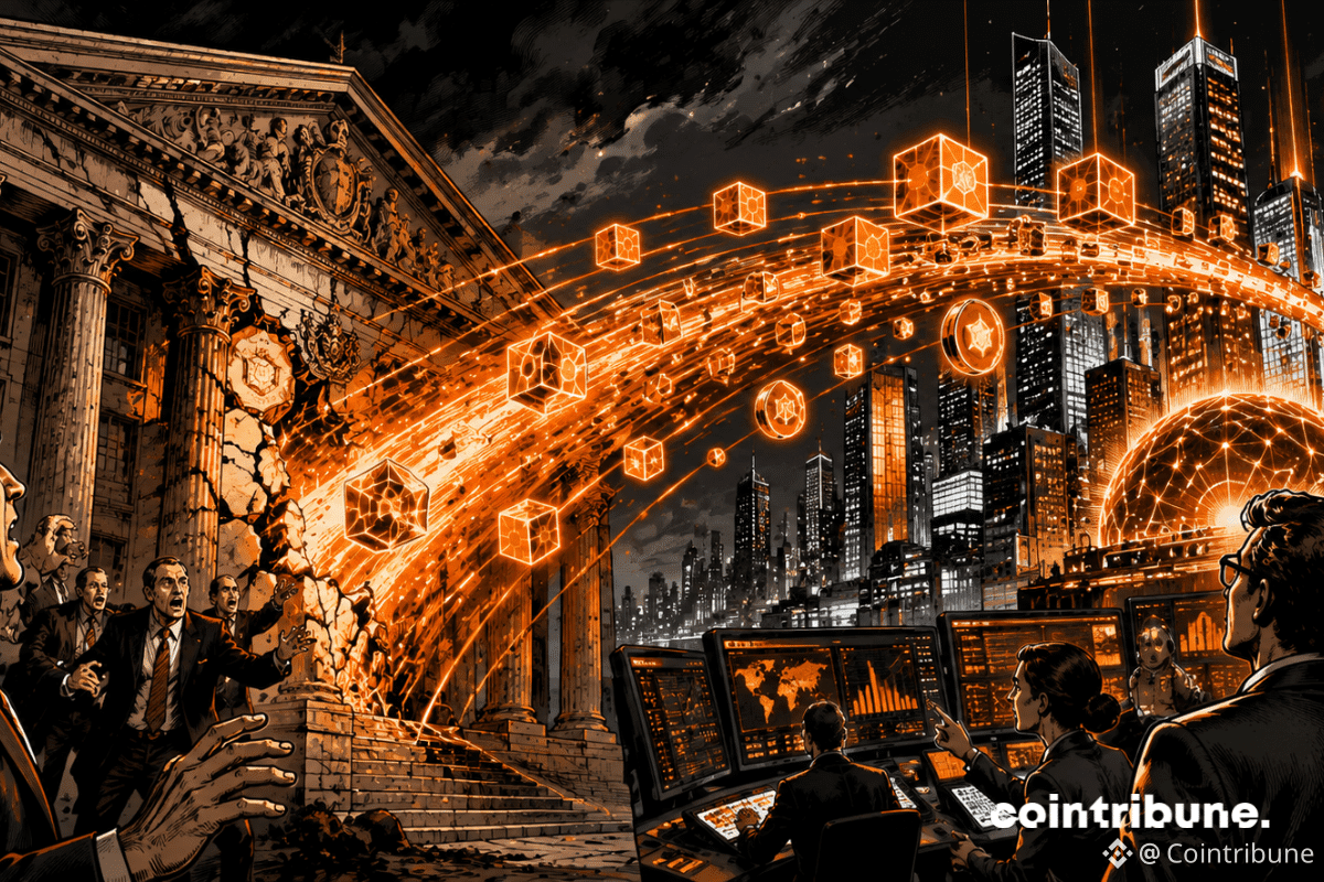 banque traditionnelle fissurée pont énergétique tokenisation blockchain ville futuriste traders numériques transformation financière innovation orange cyberpunk modernisation spectaculaire mondiale