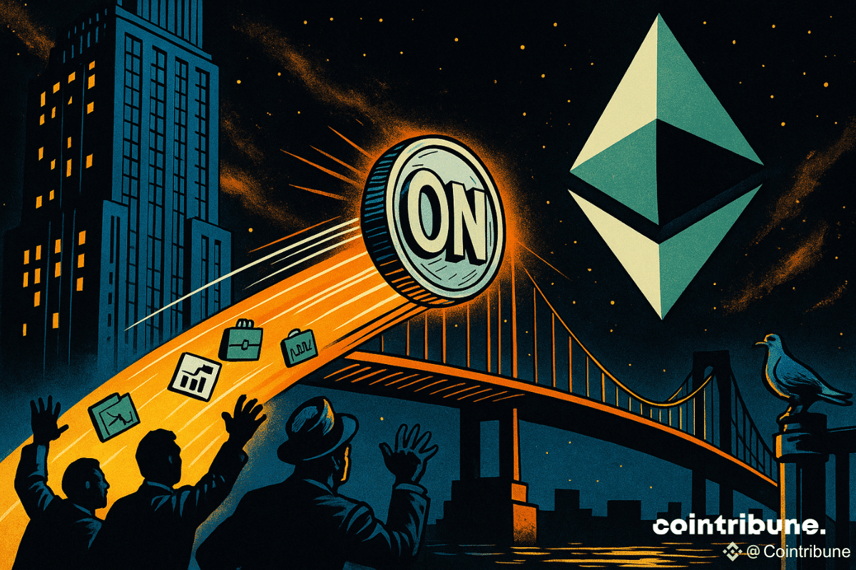 Une pièce de Ondo roule à toute vitesse vers le logo Ethereum. Sa trajectoire est marquée par des lignes de mouvement dynamiques.
