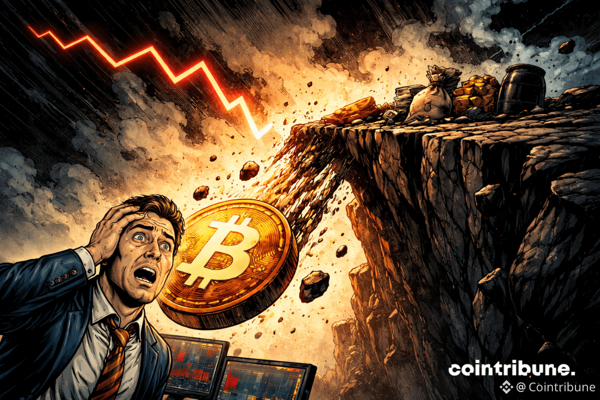 Le symbole Bitcoin tombe d’une falaise avec un graphique cassé et un trader en arrière-plan.