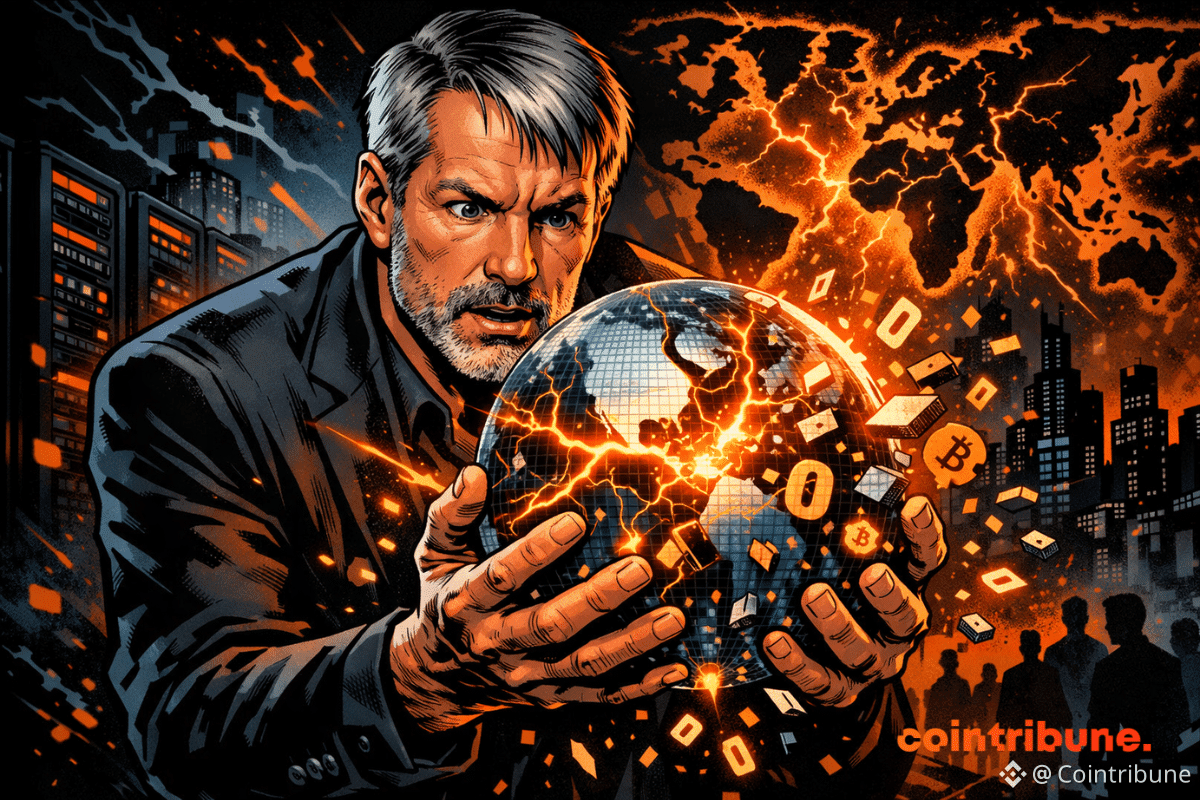 Illustration de Michael Saylor tenant un globe numérique fissuré, symbolisant la menace de l’informatique quantique sur le Bitcoin et l’infrastructure numérique mondiale.
