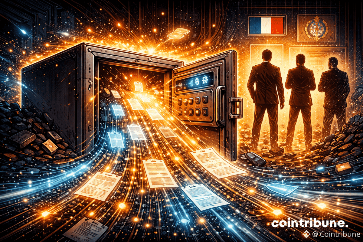 Un coffre numérique entrouvert laisse s’échapper des flux de données lumineuses. À l’arrière-plan, des silhouettes observent la scène, ce qui symbolise la fuite des données fiscales chez Waltio.