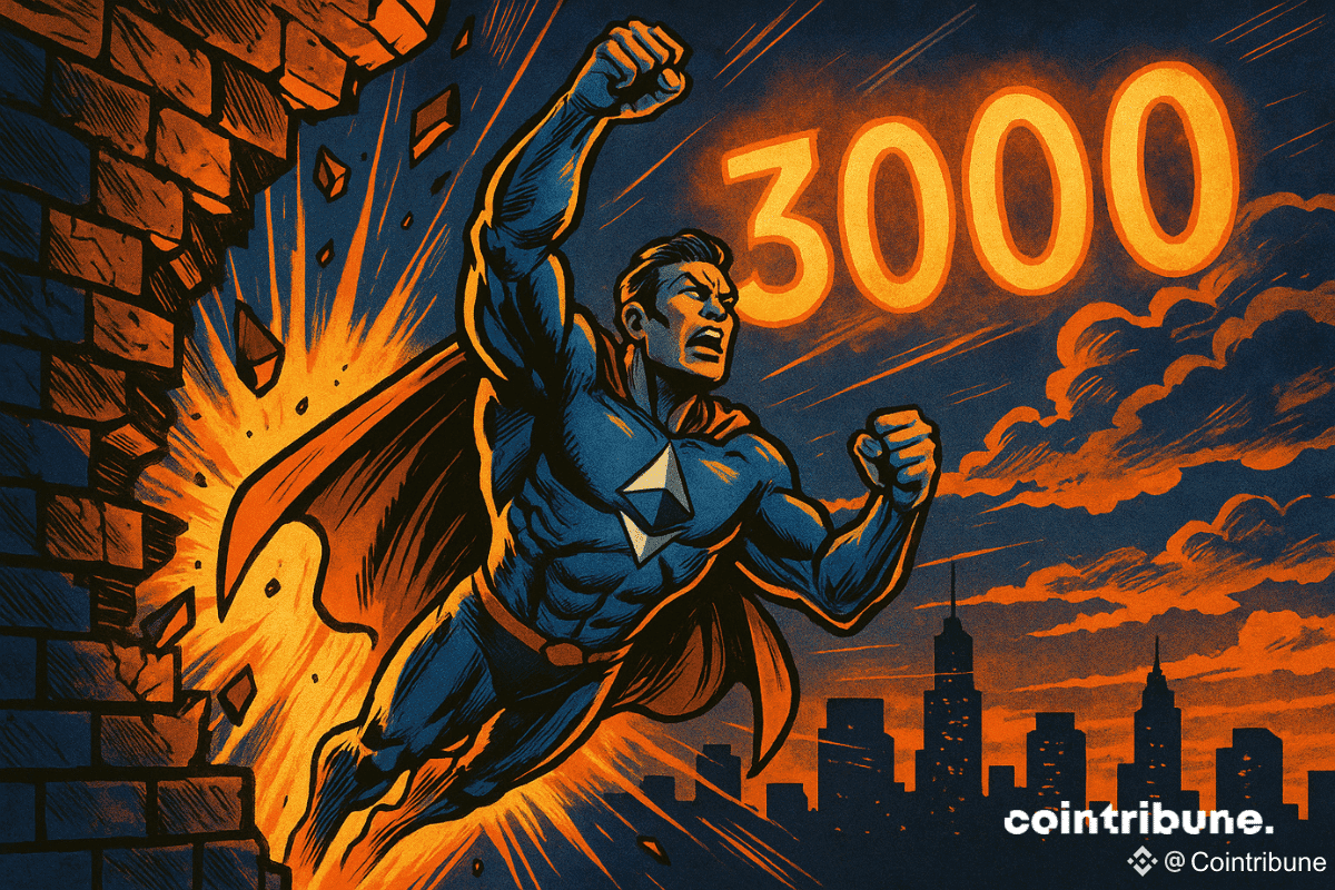 Personnification d’Ethereum sous forme de super-héros (tenue métallisée bleue avec logo Ξ sur la poitrine). En plein envol, poing en avant, expression déterminée.