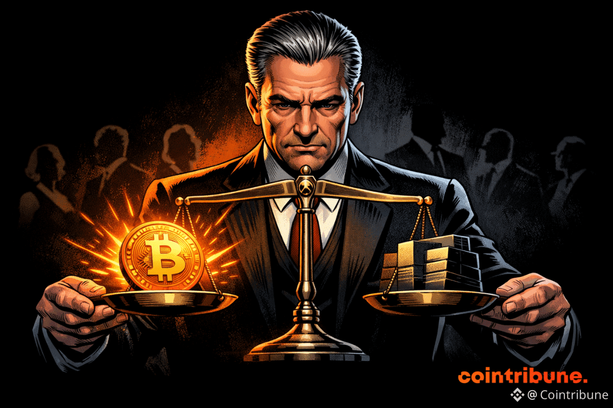Un banquier sévère vêtu d'un costume sombre pèse une cryptomonnaie orange vif liée à la blockchain contre un lourd bloc réglementaire sur une balance, avec des silhouettes sombres derrière lui dans un style dramatique de bande dessinée.