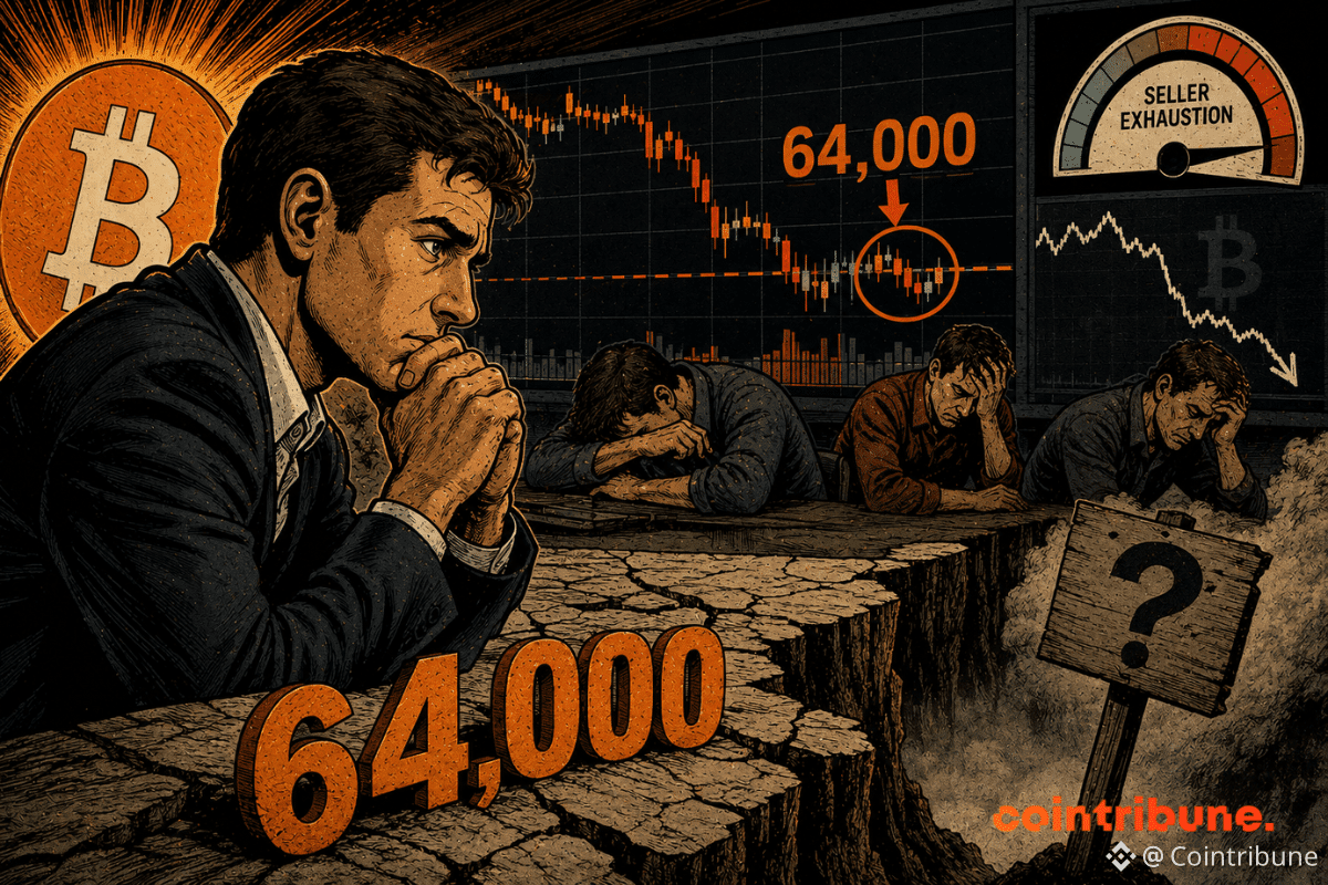 Des investisseurs épuisés observent Bitcoin stagner autour de 64 000 dollars, tandis que la baisse ralentit sans confirmer un véritable plancher.