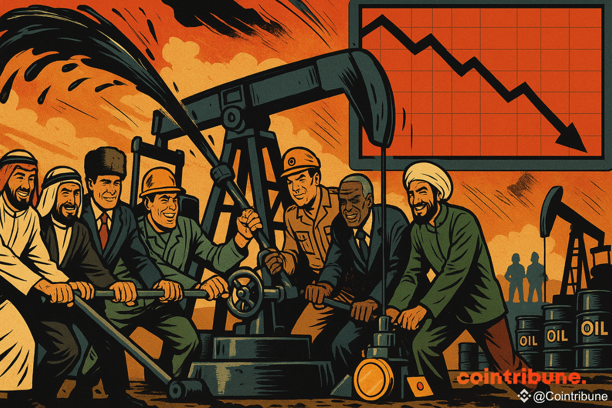 Huit figures représentant symboliquement 8 pays de l’OPEP+. Certains tirent un levier, d’autres tournent une vanne ou enfoncent un bouton, pour faire jaillir du pétrole.