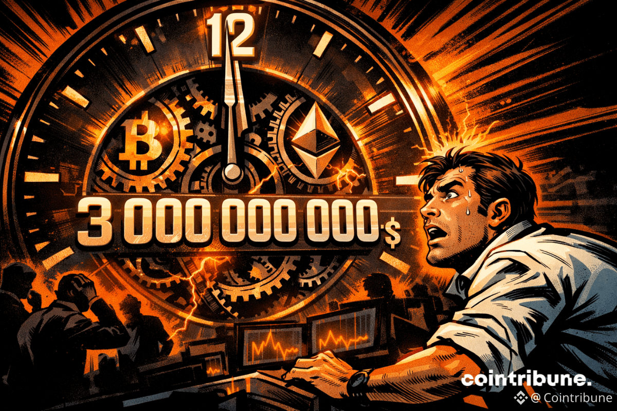 Trader paniqué observe horloge géante affichant 3 000 000 000 $, engrenages Bitcoin Ethereum brillent sous tension orange dramatique intense.