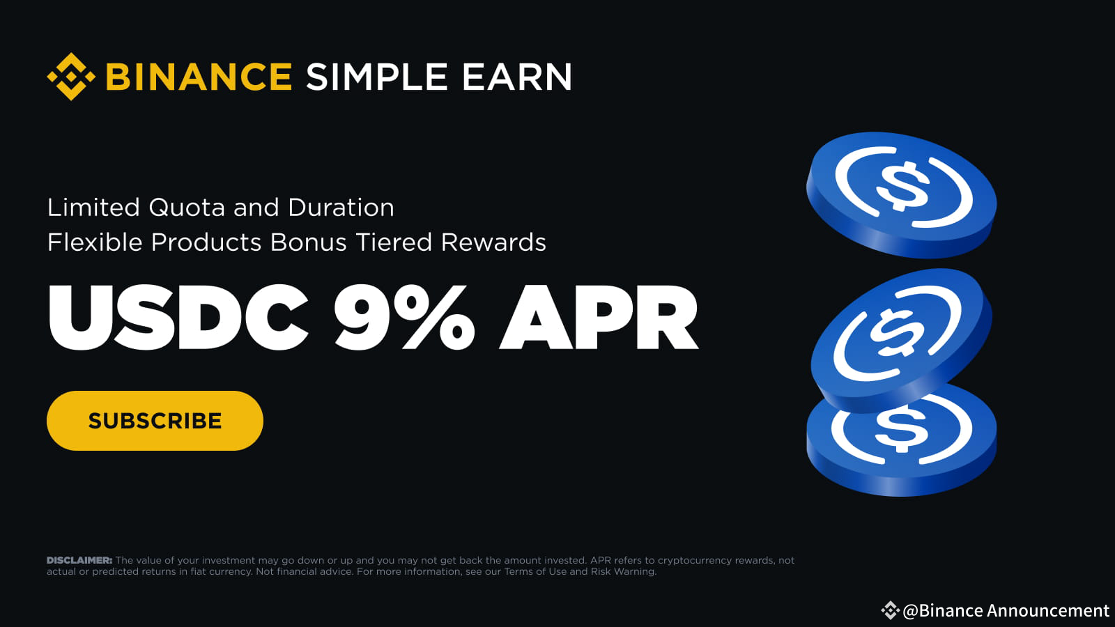USDC Simple Earn Products: Enjoy 9% Bonus Tiered APR! | Binance  Announcement on Binance Square