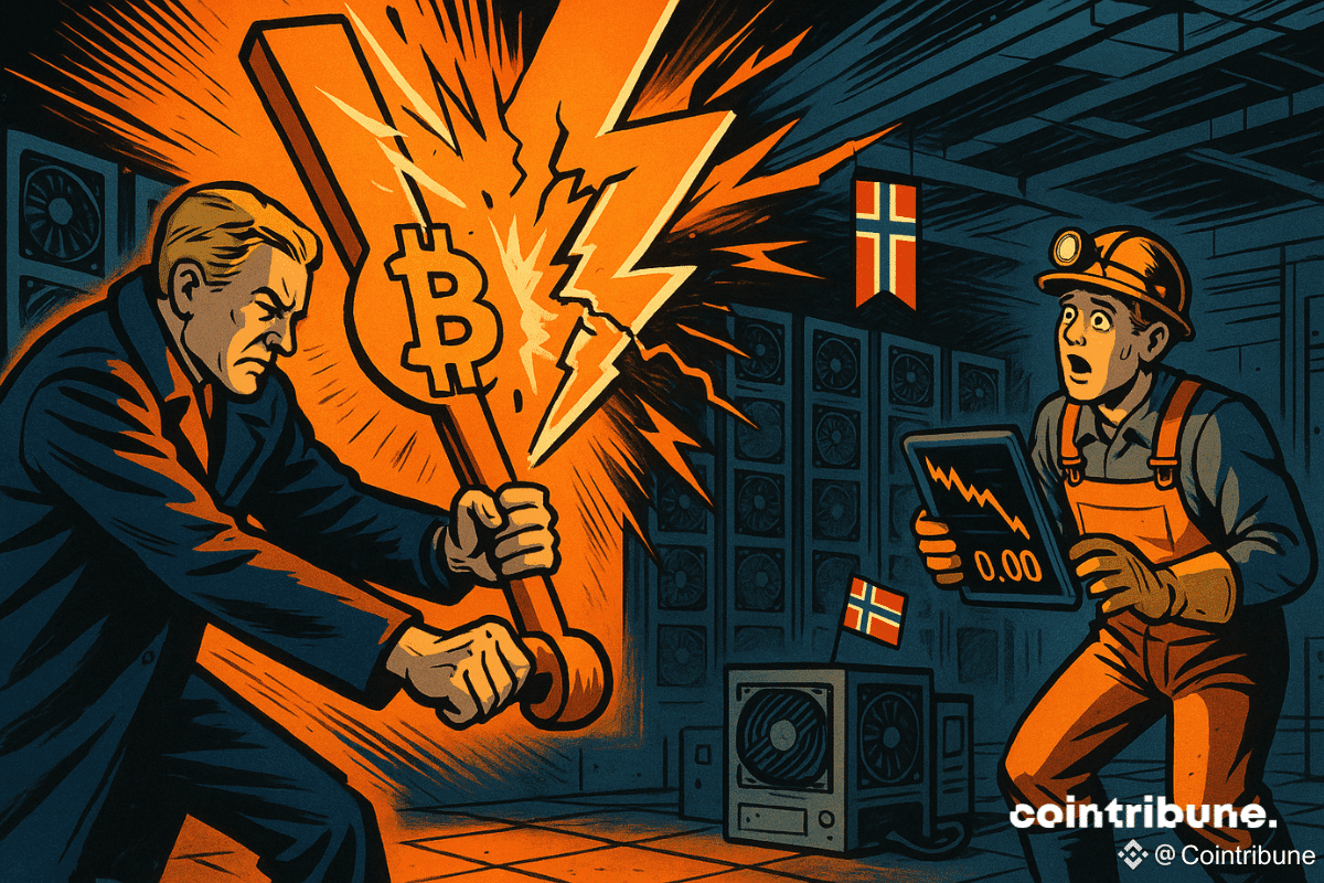 Dans une centrale futuriste, un ministre norvégien coupe brutalement l’énergie Bitcoin, provoquant la stupeur d’un mineur. Serveurs éteints, tension dramatique, palette orange et bleus froids typique des comics 70s.
