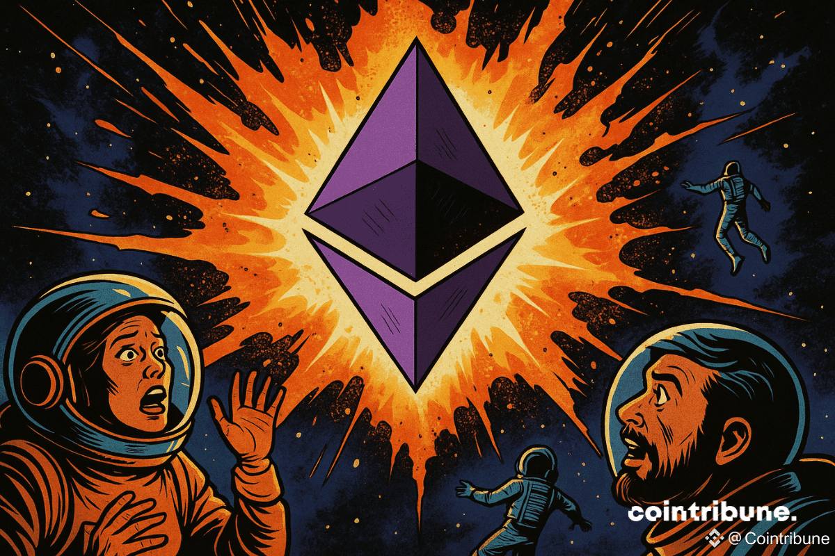 Des astronautes effrayés dérivent dans l’espace autour d’un immense logo Ethereum émettant une explosion lumineuse au centre de l’univers.