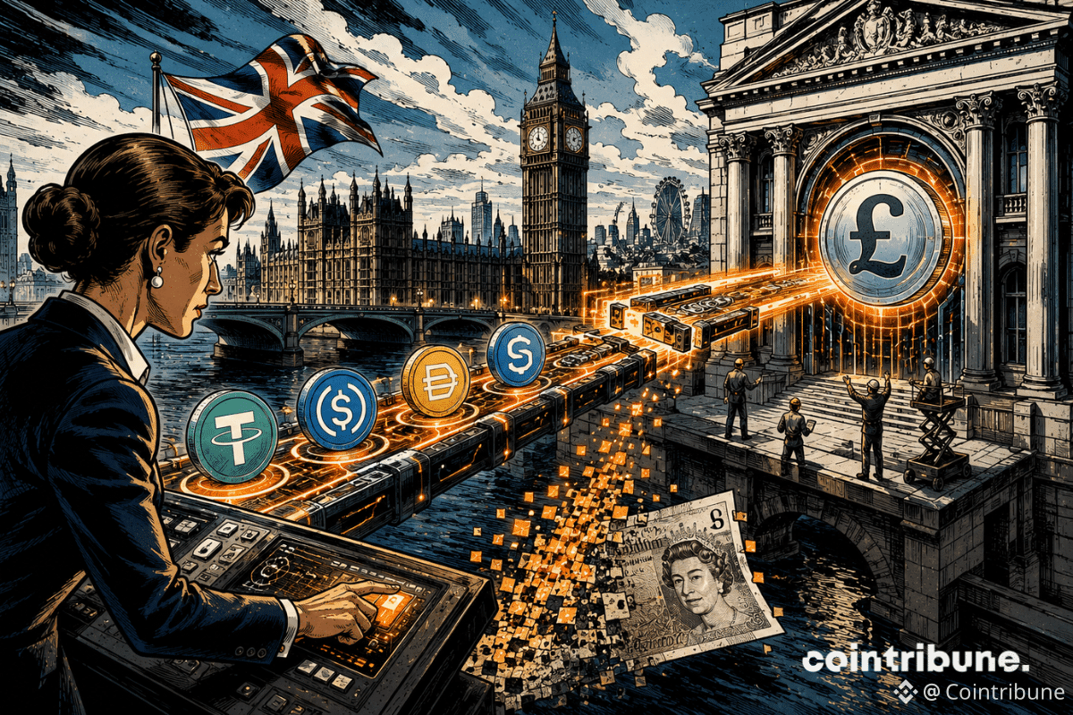 Des stablecoins traversent une passerelle numérique vers une livre sterling digitale au cœur de Londres.