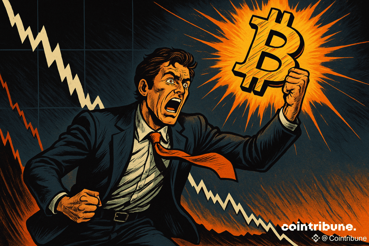 Un businessman paniqué tient un Bitcoin lumineux, tandis qu'un graphique boursier chute dramatiquement, symbolisant la tension du marché.