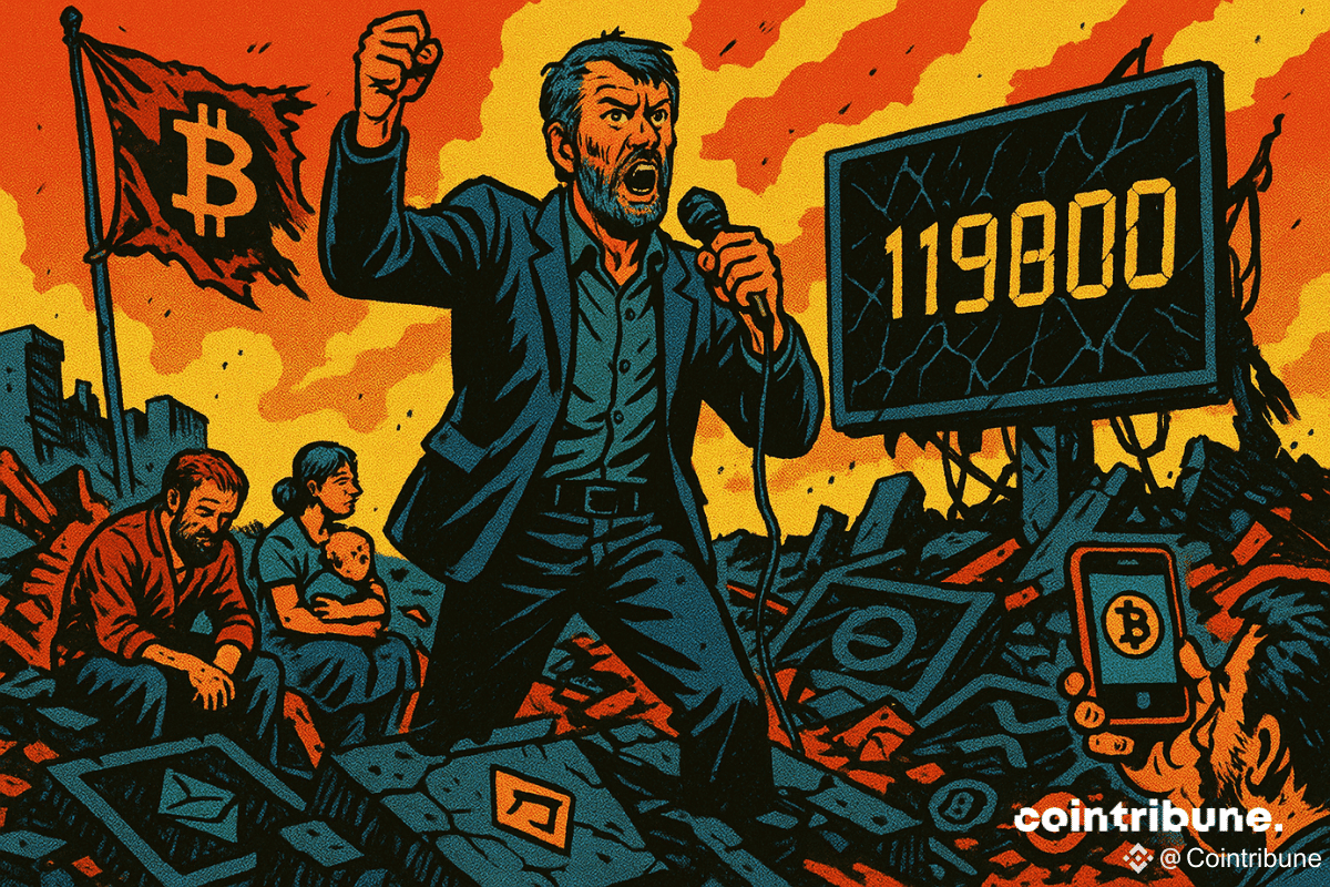 Saylor sur une estrade effondrée, bras levé dans une attitude de leader, avec un microphone en main. Il improvise un discours au milieu d’un marché en ruine, ce qui symbolise sa citation pour galvaniser les investisseurs du Bitcoin.
