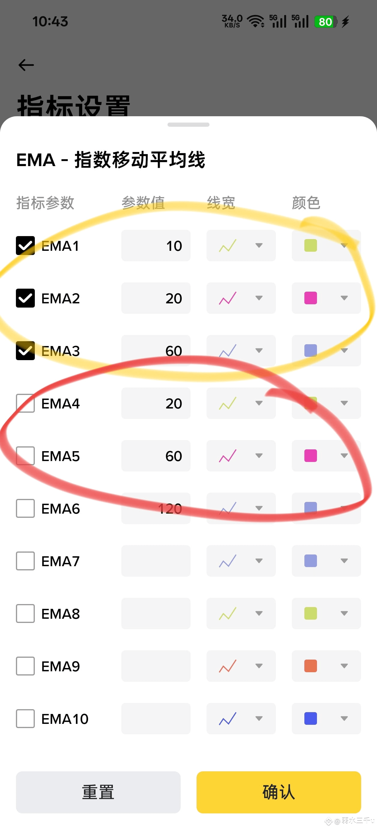 再讲讲均线设置吧，手把手教你，你的币安图表点开，左下角有ma和ema都选上，再点右上角设置指标设置，把ma和ema都设置|