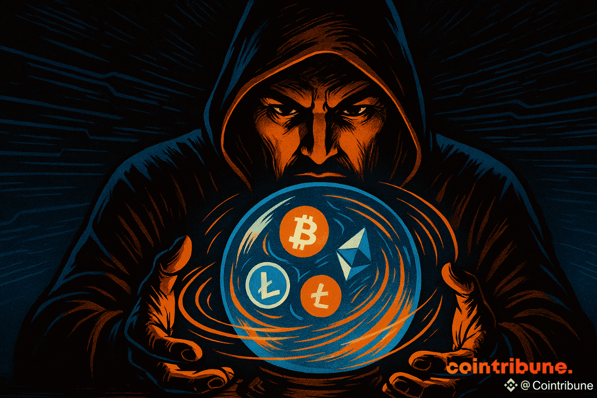 Oracle mystérieux tenant une boule de cristal brillante avec des symboles de crypto-monnaie tourbillonnants, représentant la tokenisation.