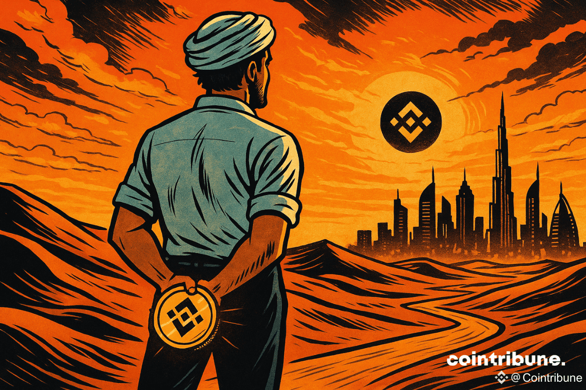 Un investisseur crypto contemple la ville depuis les dunes, la BNB de Binance en main.