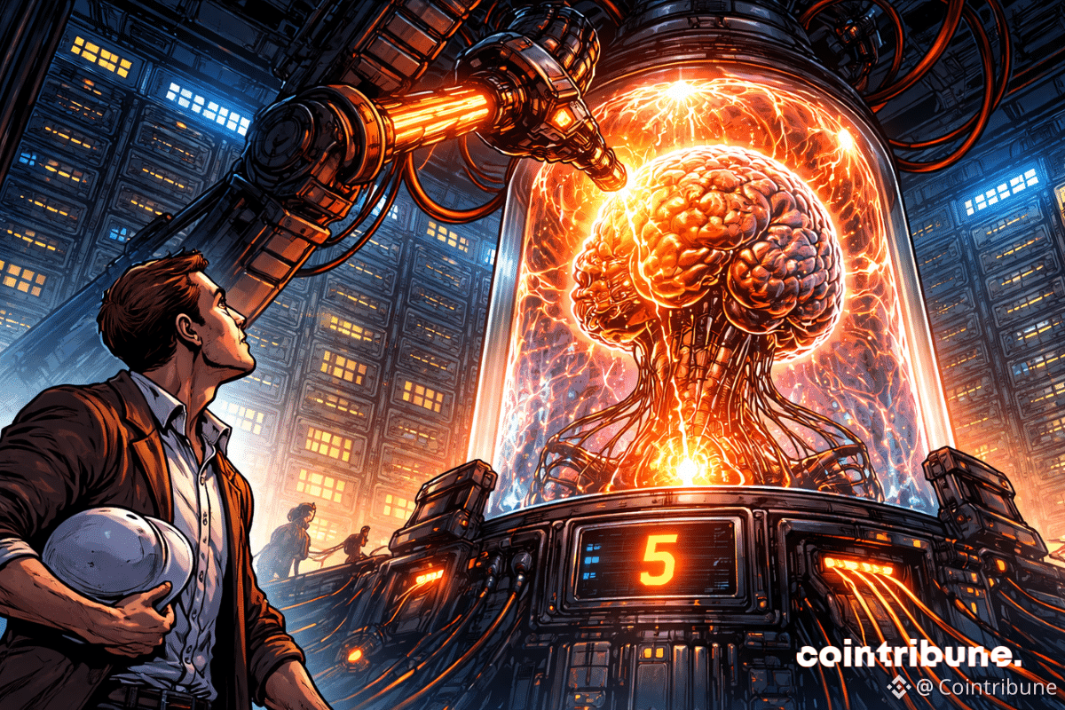 Un ingénieur observe la naissance d’une IA géante, alimentée par une énergie colossale au cœur d’un data center futuriste.