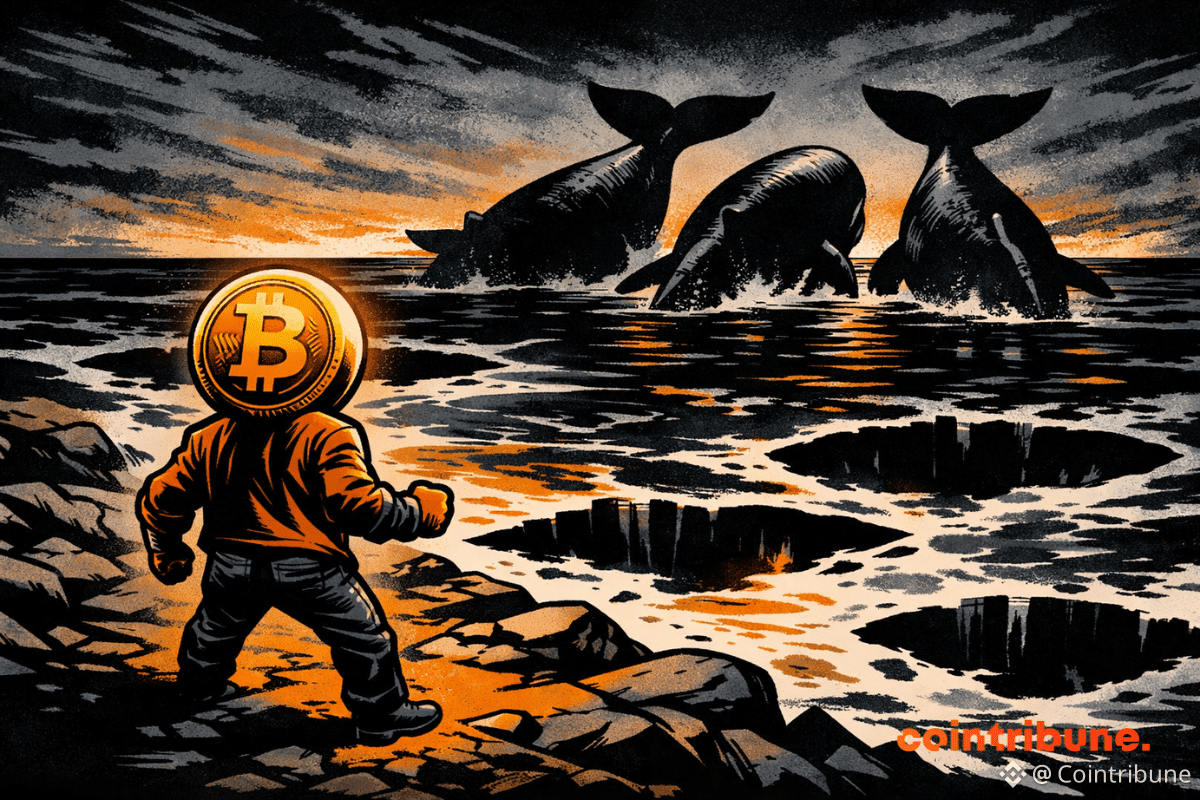 Une silhouette humanisée de Bitcoin se tient sur un rivage rocheux, observant les silhouettes massives de baleines se retirer dans un océan sombre aux eaux fragmentées et aux reflets orangés.
