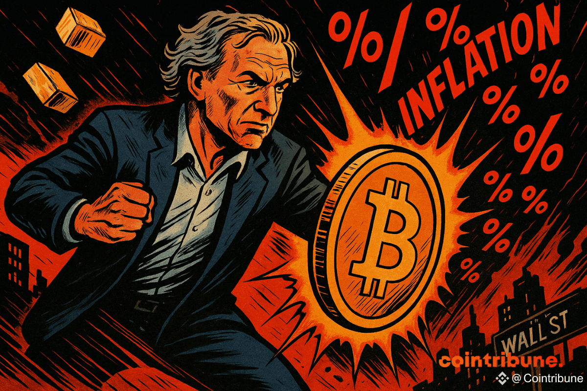 Un homme âgé en costume utilise un bouclier Bitcoin lumineux pour bloquer un barrage de symboles d'inflation rouges et de lingots d'or qui tombent, avec des bâtiments qui s'effondrent et un panneau « Wall St » en arrière-plan.