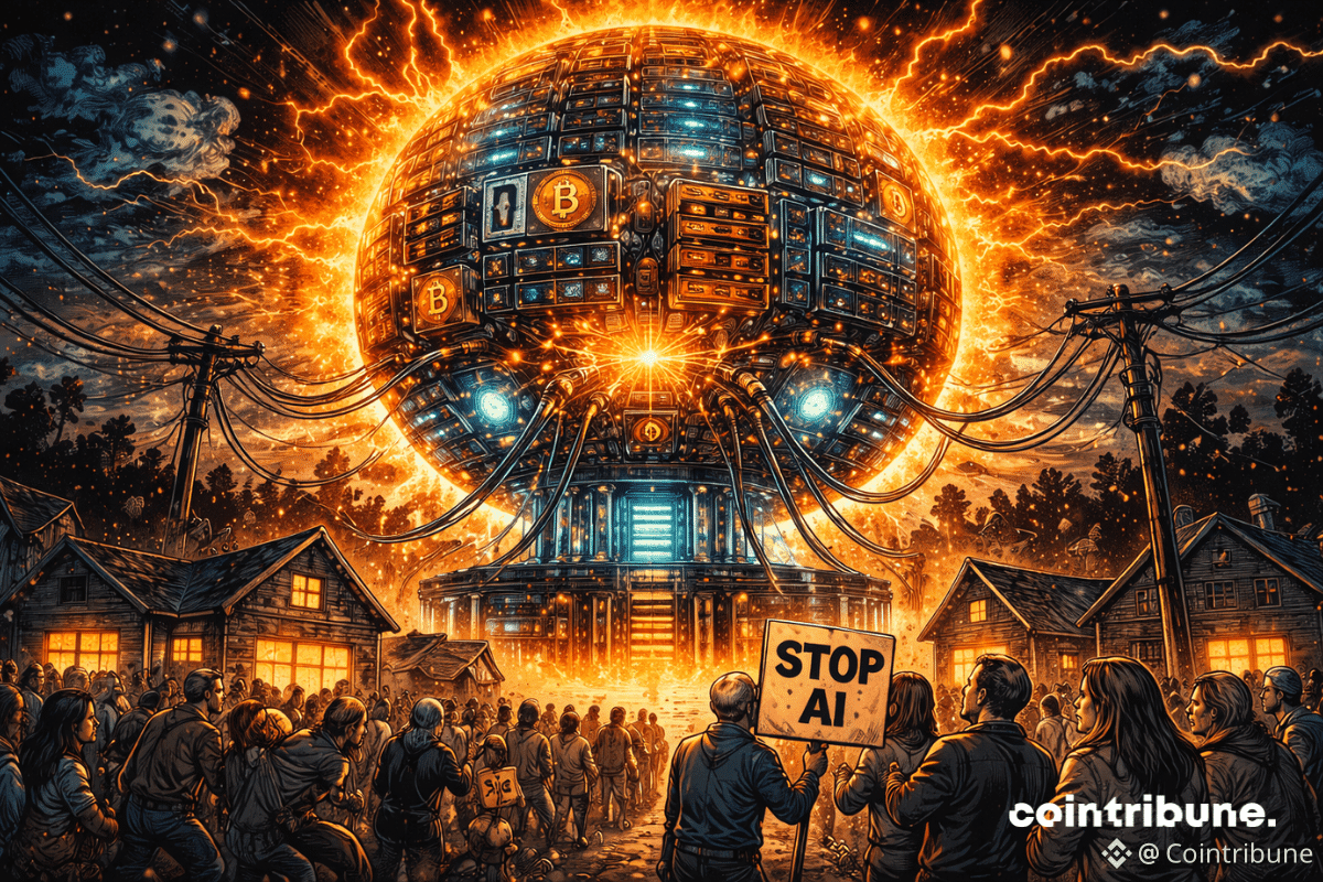 Un globe énergétique géant absorbe l’électricité d’un village plongé dans le noir, pendant que des habitants protestent contre l’intelligence artificielle.