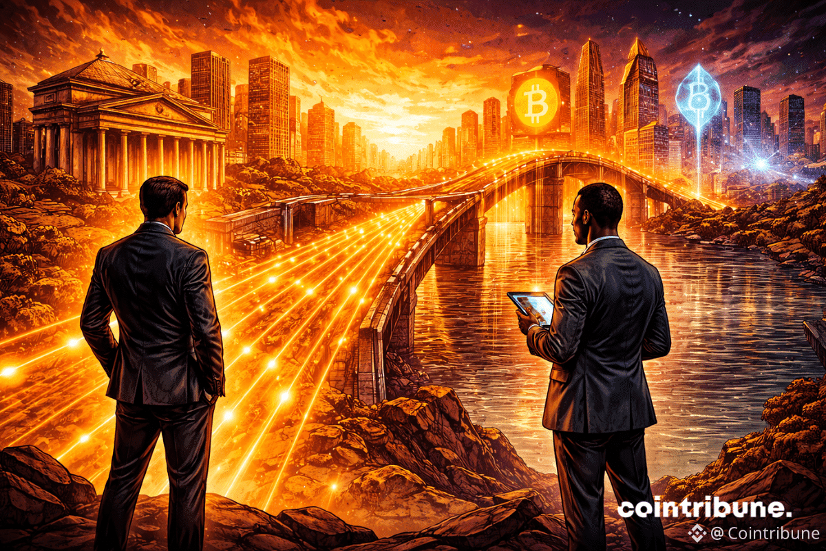Un pont financier se construit entre une ville bancaire et une ville crypto futuriste, avec des flux lumineux circulant déjà dessus, sous le regard de David Sacks.