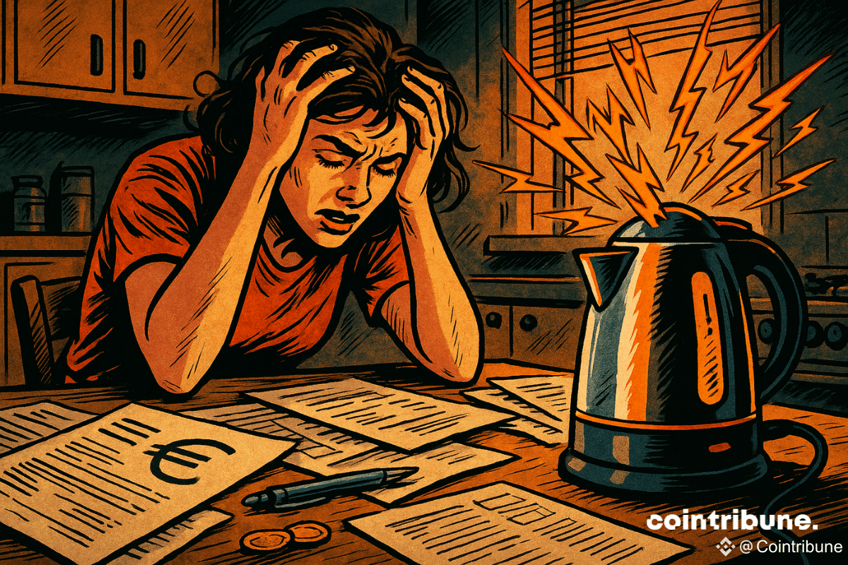 Femme stressée dans une cuisine, submergée par des factures, face à une bouilloire en surchauffe explosant d’étincelles oranges.