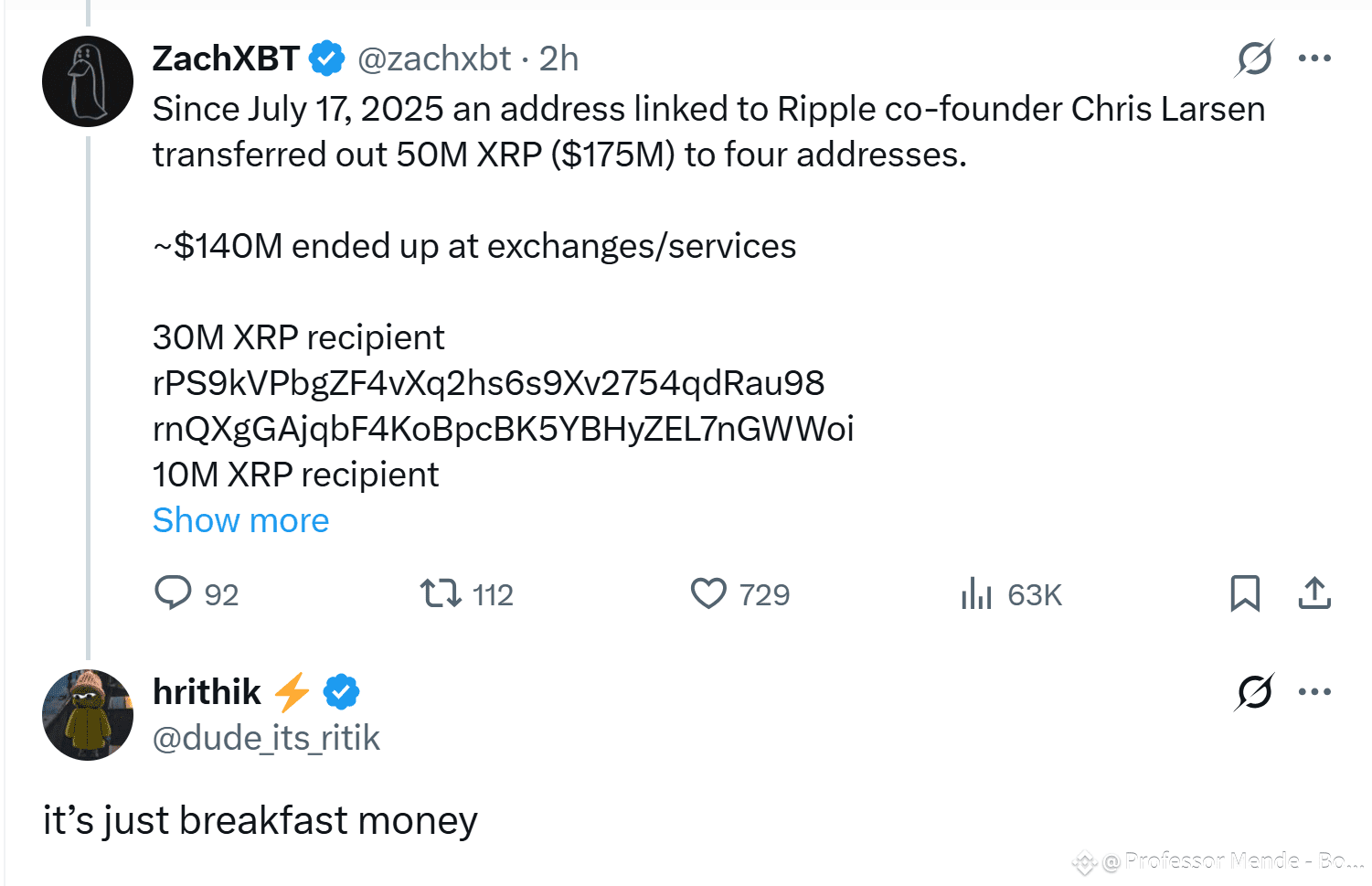🚨 ALERT: Ripple Co-founder DUMPS $175M XRP! A wallet | Professor Mende -  Bonuz Ecosystem Founder on Binance Square