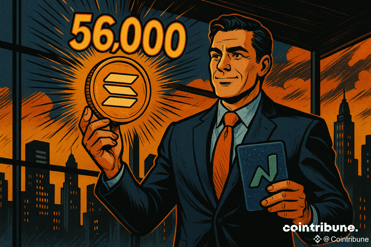 Un pont futuriste relie Wall Street à un univers cyberpunk Solana. Un trader de Solana en costume, concentré, lance un jeton lumineux. Ambiance dramatique, éclairage contrasté, chiffres flottants : 56 000.