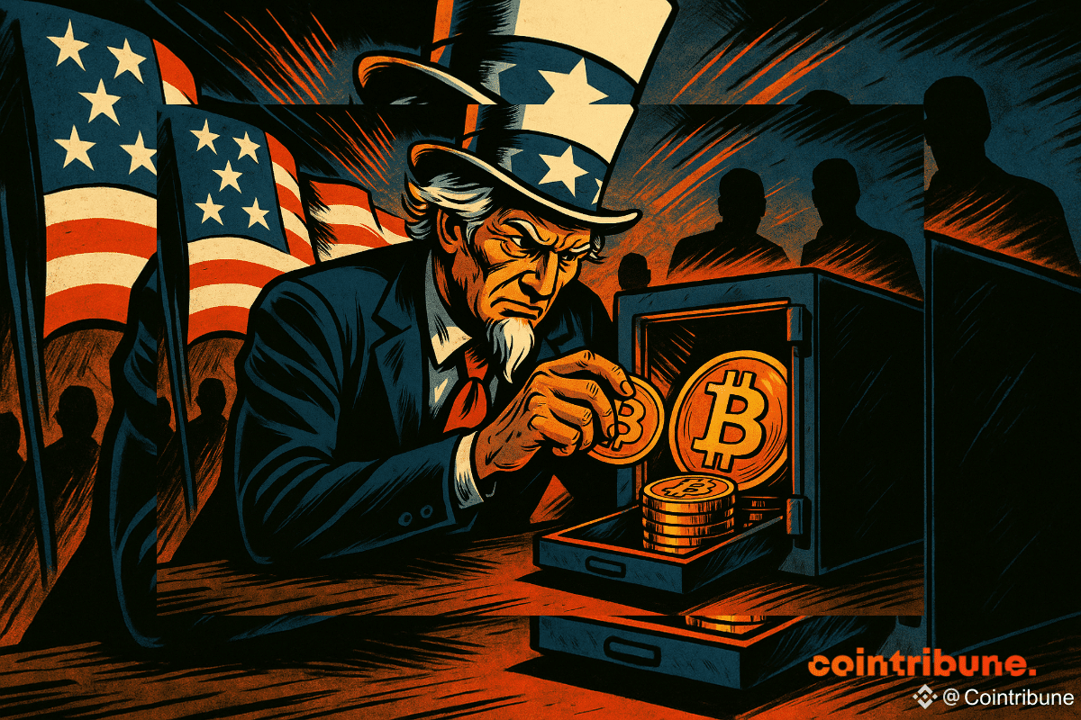 Un Oncle Sam déterminé range discrètement des pièces de Bitcoin dans un coffre-fort