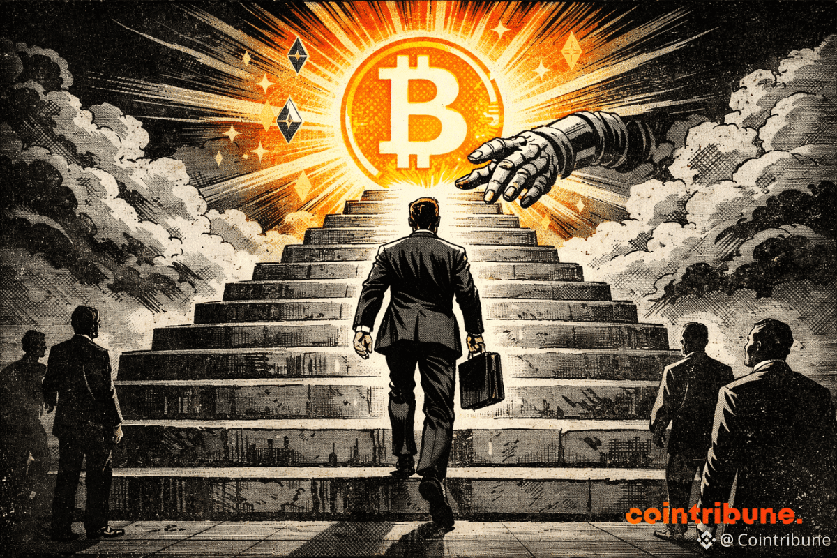 A businessman climbs a monumental staircase toward a glowing Bitcoin under a stormy sky, watched by other figures.