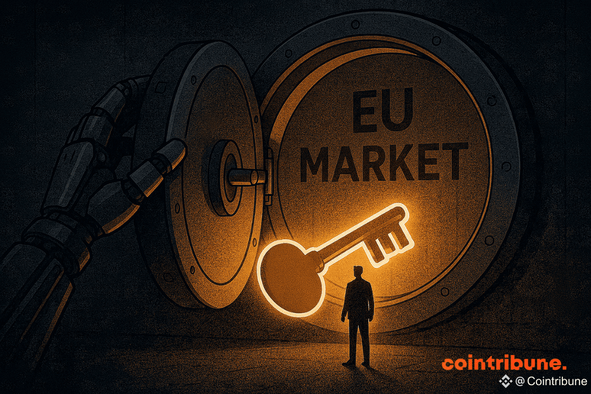 Une grande porte de coffre-fort étiquetée « Marché de l'UE » est déverrouillée par une main robotique géante, tandis qu'un homme d'affaires se tient devant une clé lumineuse, symbolisant la démarche de Bybit pour obtenir une licence MiFID II et accéder au marché européen des produits dérivés.