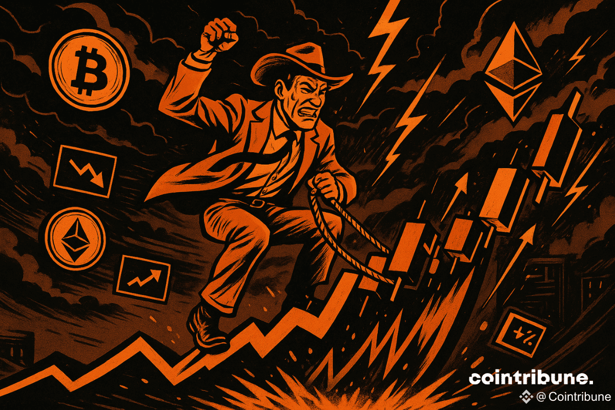 Un trader stylisé façon cow-boy, chevauche littéralement la courbe de prix du Bitcoin et d’Ethereum, telle une monture sauvage. Il tient une main levée, l’autre accrochée à une corde imaginaire autour de la courbe, dans une posture de rodéo.