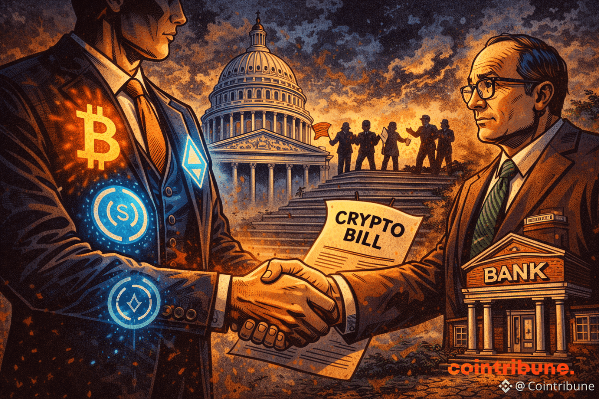 Un représentant crypto serre la main d’un banquier devant le Capitole, sous un ciel tendu et des sénateurs divisés.