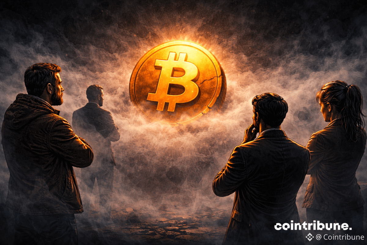 Un Bitcoin se trouve dans un brouillard dense, entouré de silhouettes d’investisseurs crypto en retrait, bras croisés, ce qui symbolise le sentiment de peur.