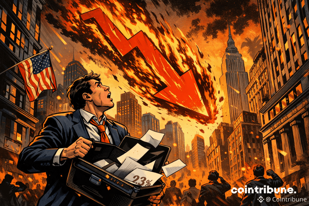 Dans une rue de New York, un graphique immense en feu tombe comme une météorite. Un trader en costume regarde le ciel, bouche ouverte, mallette ouverte avec un papier avec l’inscription « 23 % » qui s’envole, ce qui symbolise la baisse des taux de la Fed.