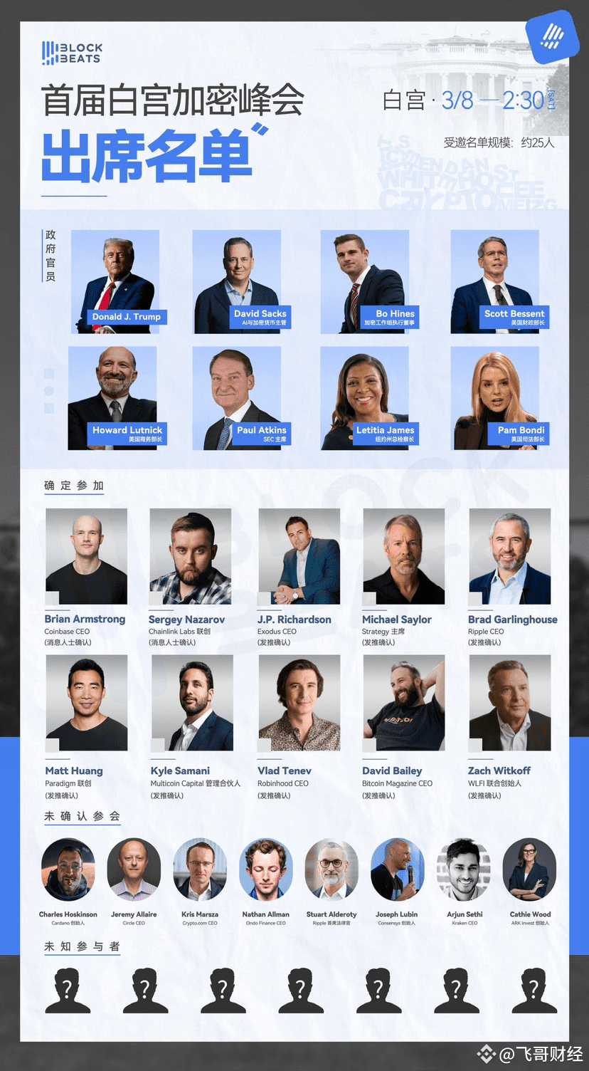 一图看懂：白宫加密峰会3月7日参会名单& 涉及代币🔥 重磅消息🔥 美国商务部长最新表态——特朗普将在白宫加密| K线人生飞哥发布于币安广场